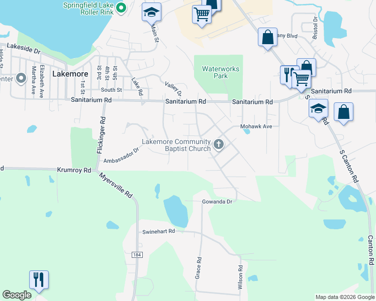 map of restaurants, bars, coffee shops, grocery stores, and more near 1511 Erie Avenue in Akron