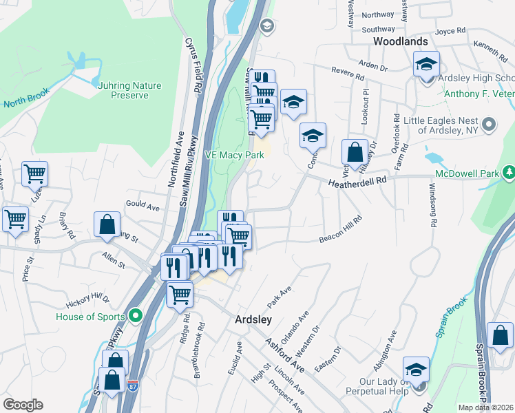 map of restaurants, bars, coffee shops, grocery stores, and more near 36 Heather Dell Road in Ardsley