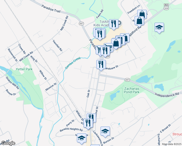 map of restaurants, bars, coffee shops, grocery stores, and more near 14 Elm Tree Court in East Stroudsburg