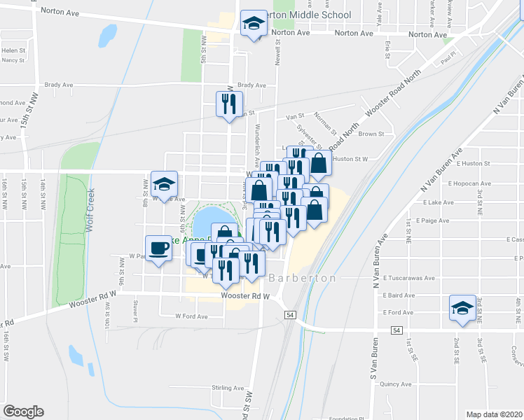 map of restaurants, bars, coffee shops, grocery stores, and more near 200 2nd Street Northwest in Barberton