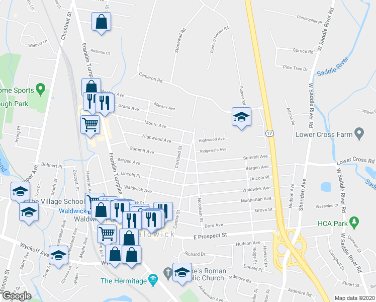 map of restaurants, bars, coffee shops, grocery stores, and more near 68 Centre Street in Waldwick
