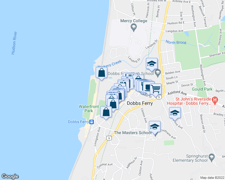 map of restaurants, bars, coffee shops, grocery stores, and more near 16 Riverside Place in Dobbs Ferry