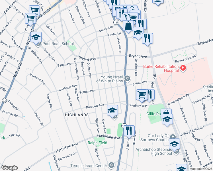 map of restaurants, bars, coffee shops, grocery stores, and more near 153 Longview Avenue in White Plains