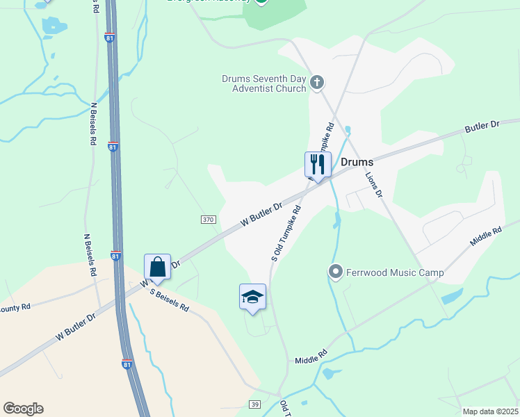 map of restaurants, bars, coffee shops, grocery stores, and more near 403 West Butler Drive in Drums