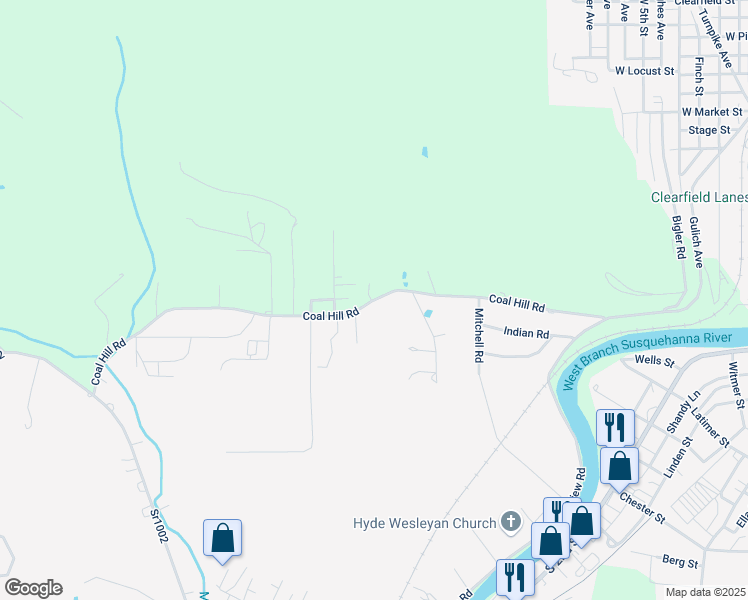 map of restaurants, bars, coffee shops, grocery stores, and more near Coal Hill Road in Clearfield