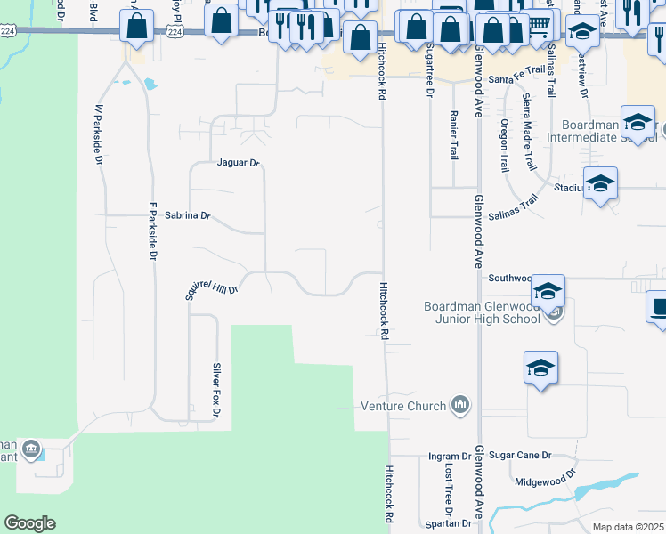 map of restaurants, bars, coffee shops, grocery stores, and more near 7611 Red Fox Drive in Youngstown