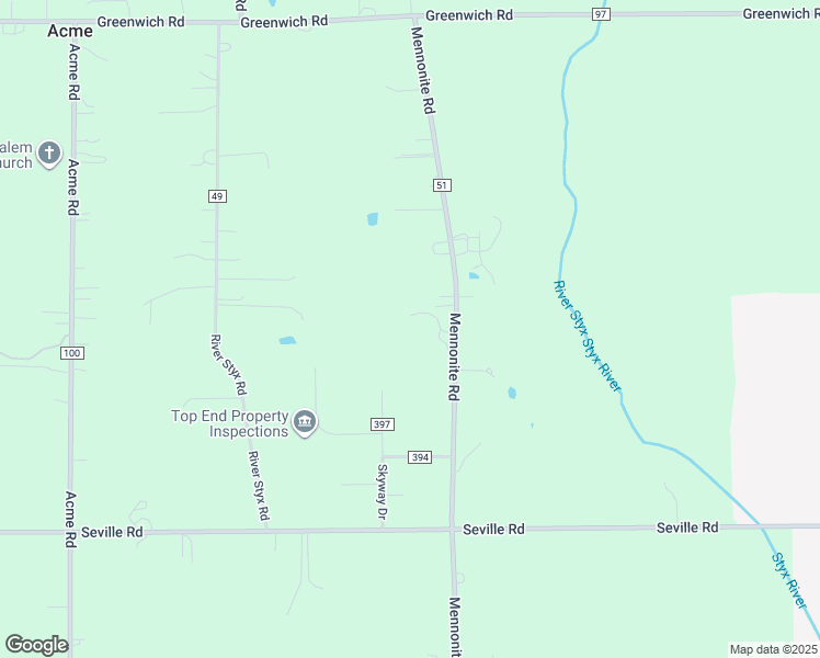 map of restaurants, bars, coffee shops, grocery stores, and more near 9450 Mennonite Road in Wadsworth