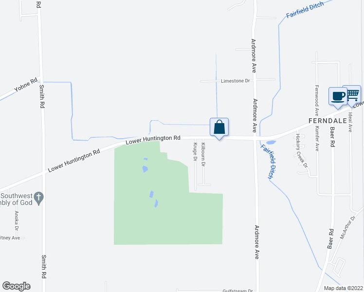 map of restaurants, bars, coffee shops, grocery stores, and more near 4411 Lower Huntington Road in Fort Wayne