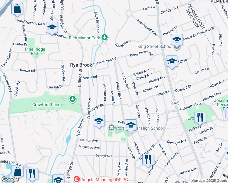 map of restaurants, bars, coffee shops, grocery stores, and more near 41 Sylvan Road in Port Chester