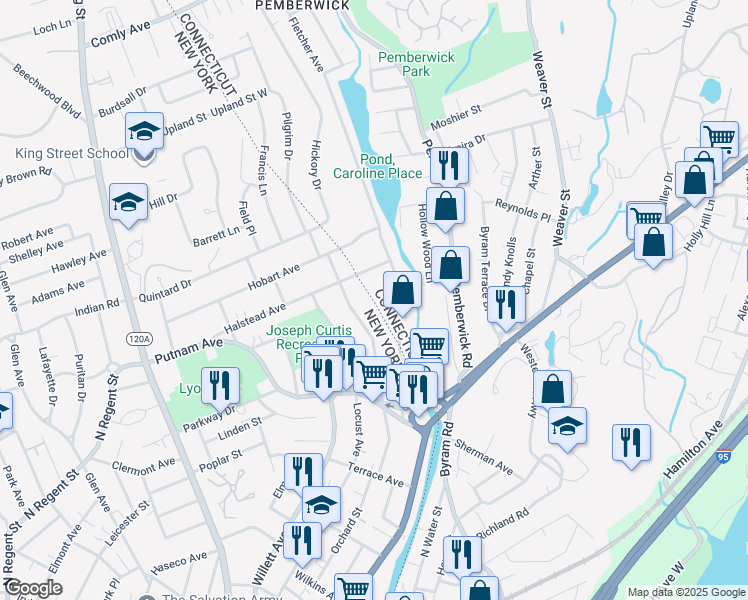 map of restaurants, bars, coffee shops, grocery stores, and more near 901 Davis Avenue in Greenwich