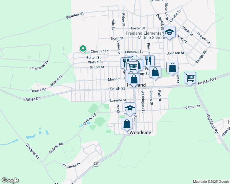 map of restaurants, bars, coffee shops, grocery stores, and more near 450 Fern Street in Freeland