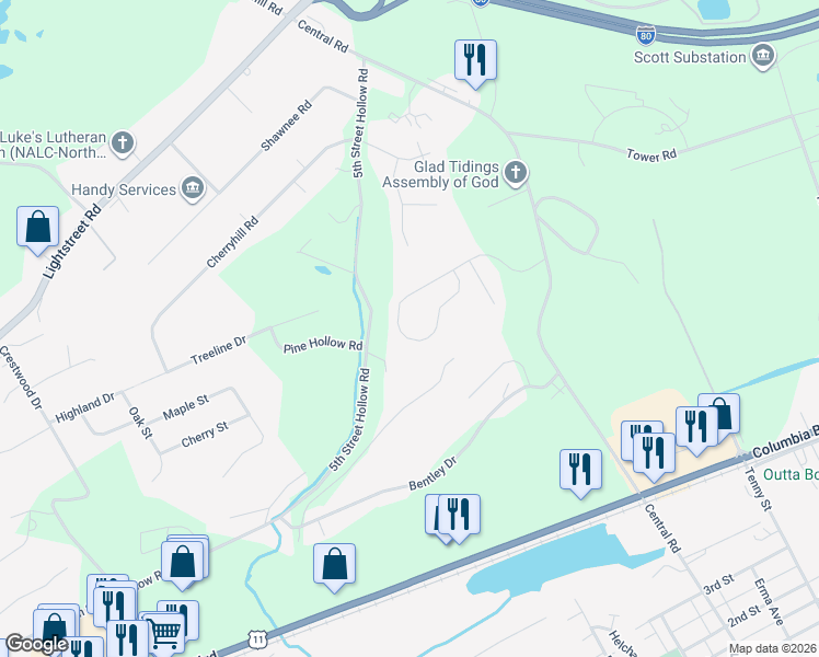 map of restaurants, bars, coffee shops, grocery stores, and more near 31-33 Crestmont Cir in Bloomsburg
