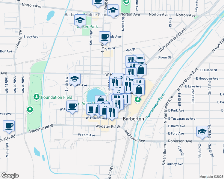 map of restaurants, bars, coffee shops, grocery stores, and more near 200 2nd Street Northwest in Barberton