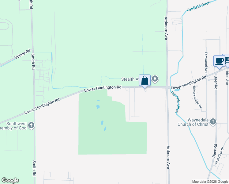 map of restaurants, bars, coffee shops, grocery stores, and more near 4411 Lower Huntington Road in Fort Wayne