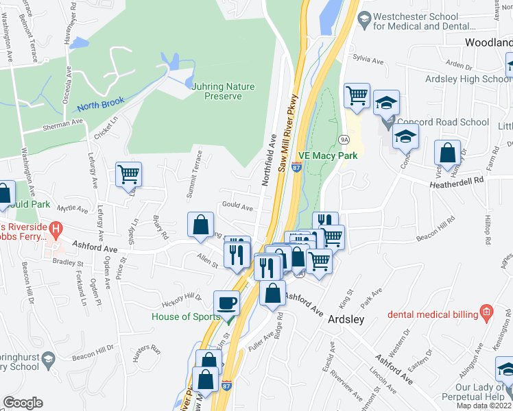 map of restaurants, bars, coffee shops, grocery stores, and more near 67 Northfield Avenue in Dobbs Ferry