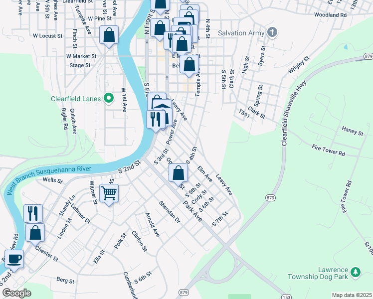 map of restaurants, bars, coffee shops, grocery stores, and more near 324 Elm Ave in Clearfield