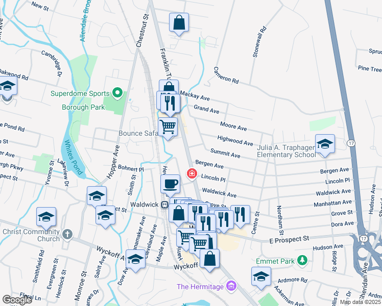 map of restaurants, bars, coffee shops, grocery stores, and more near 115 Franklin Turnpike in Waldwick
