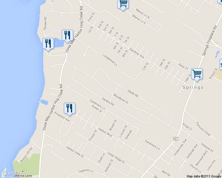 map of restaurants, bars, coffee shops, grocery stores, and more near 87 Woodbine Drive in East Hampton
