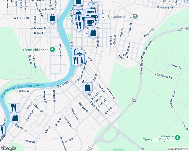 map of restaurants, bars, coffee shops, grocery stores, and more near 324 Elm Avenue in Clearfield