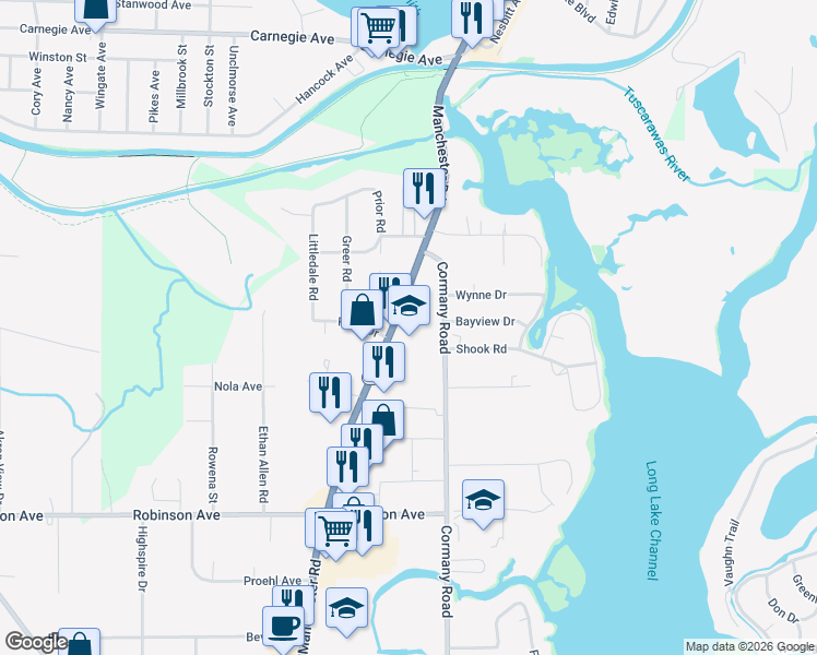 map of restaurants, bars, coffee shops, grocery stores, and more near 3089 Manchester Road in Akron