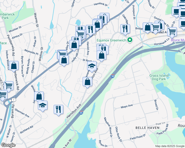 map of restaurants, bars, coffee shops, grocery stores, and more near 184 Hamilton Avenue in Greenwich