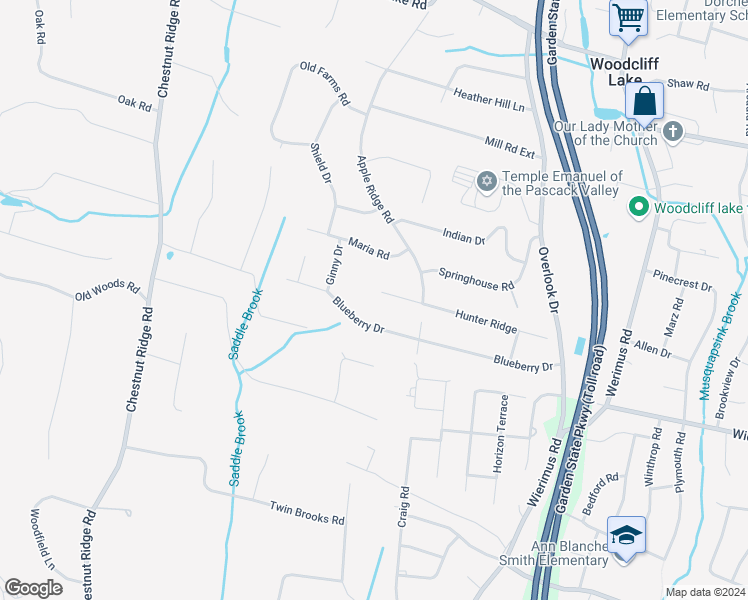 map of restaurants, bars, coffee shops, grocery stores, and more near 25 Hunter Ridge in Woodcliff Lake