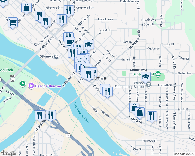 map of restaurants, bars, coffee shops, grocery stores, and more near 101 South Jefferson Street in Ottumwa