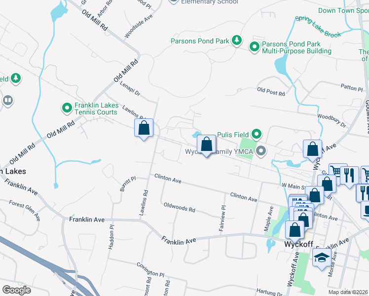 map of restaurants, bars, coffee shops, grocery stores, and more near 1014 Fieldstone Terrace in Wyckoff