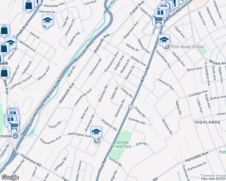 map of restaurants, bars, coffee shops, grocery stores, and more near 29 Valley Road in Scarsdale