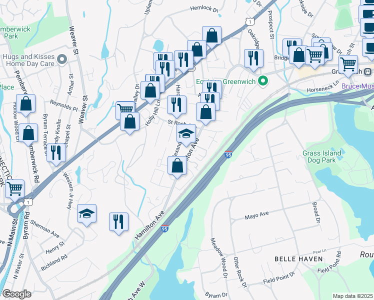 map of restaurants, bars, coffee shops, grocery stores, and more near 184 Hamilton Avenue in Greenwich