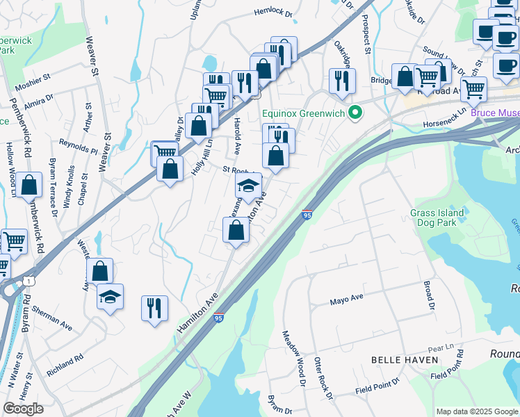 map of restaurants, bars, coffee shops, grocery stores, and more near 241 Hamilton Avenue in Greenwich