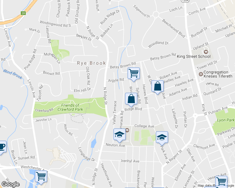 map of restaurants, bars, coffee shops, grocery stores, and more near 67 Valley Terrace in Rye Brook