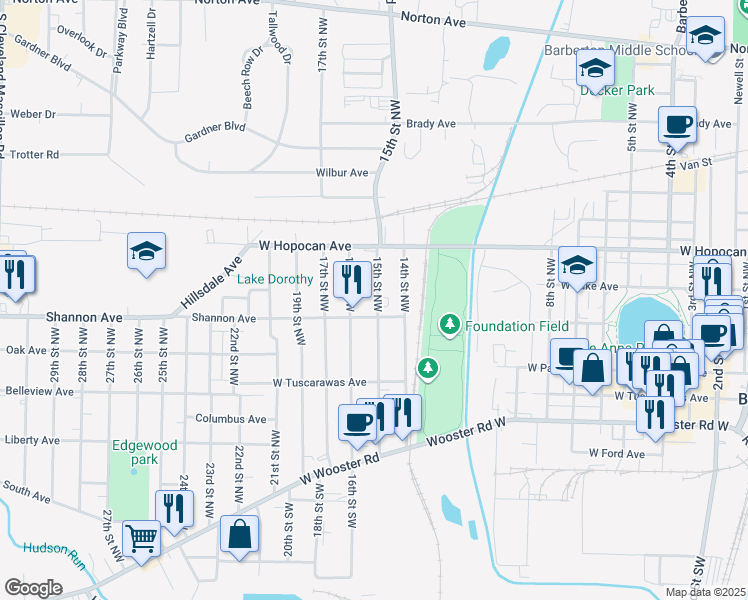 map of restaurants, bars, coffee shops, grocery stores, and more near 194 15th Street Northwest in Barberton