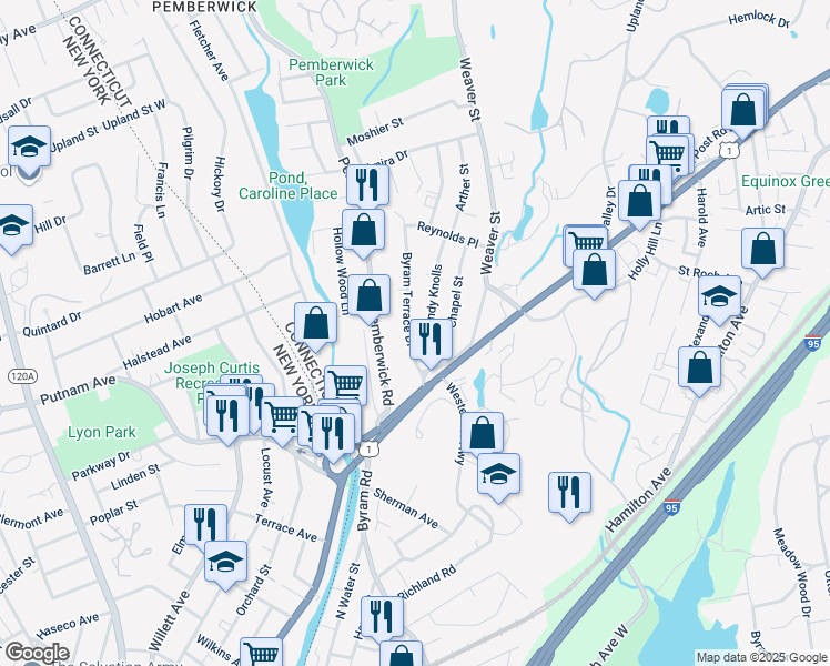 map of restaurants, bars, coffee shops, grocery stores, and more near 17 Byram Terrace Drive in Greenwich
