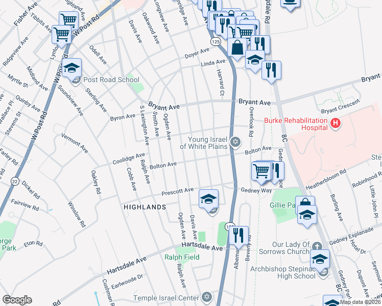 map of restaurants, bars, coffee shops, grocery stores, and more near 153 Longview Avenue in White Plains