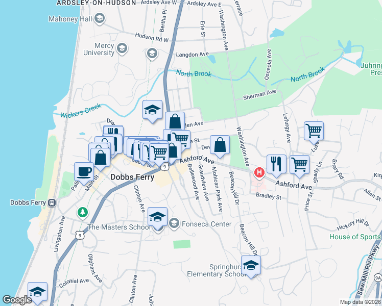 map of restaurants, bars, coffee shops, grocery stores, and more near 35 Ashford Avenue in Dobbs Ferry