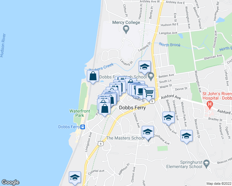 map of restaurants, bars, coffee shops, grocery stores, and more near 142 Palisade Street in Dobbs Ferry