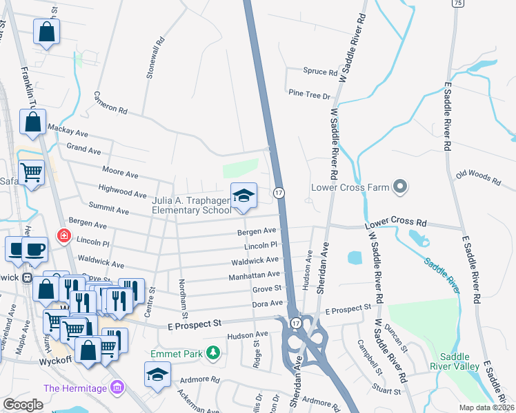 map of restaurants, bars, coffee shops, grocery stores, and more near 18 Sherbrooke Court in Upper Saddle River