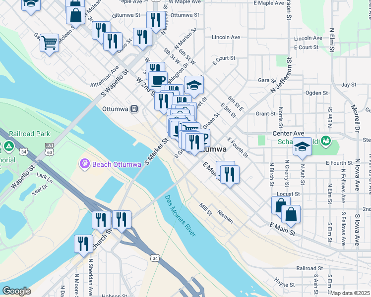 map of restaurants, bars, coffee shops, grocery stores, and more near 304 East Main Street in Ottumwa