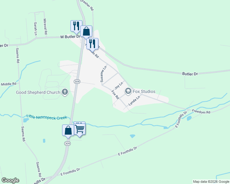map of restaurants, bars, coffee shops, grocery stores, and more near 21 Fox Road in Drums