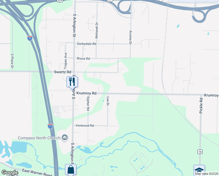 map of restaurants, bars, coffee shops, grocery stores, and more near 1085 Krumroy Road in Akron
