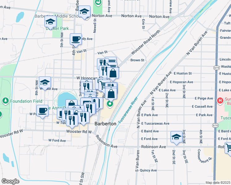 map of restaurants, bars, coffee shops, grocery stores, and more near 201 Wooster Road North in Barberton