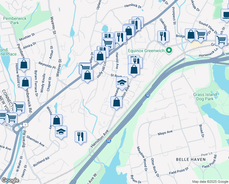 map of restaurants, bars, coffee shops, grocery stores, and more near 44 Gerry Street in Greenwich