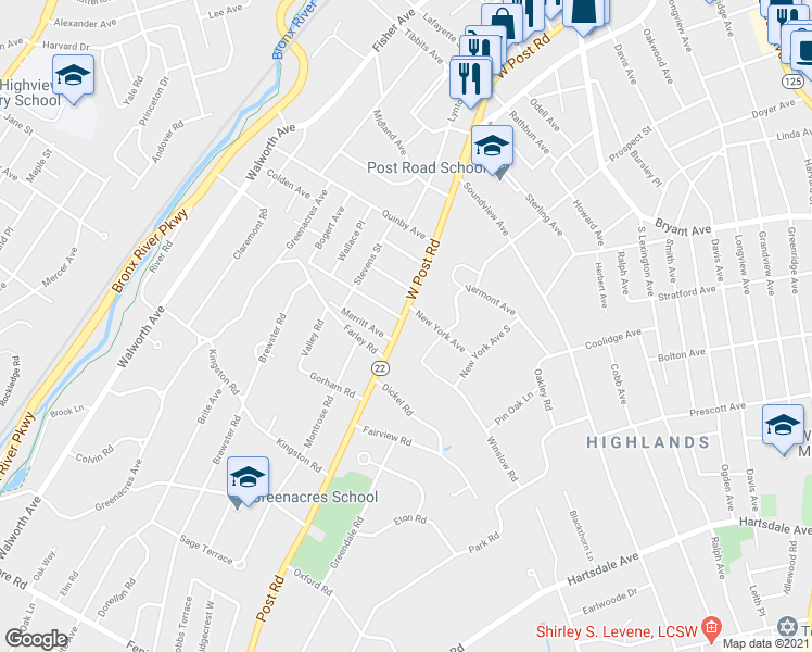 map of restaurants, bars, coffee shops, grocery stores, and more near 3 New York Avenue in White Plains
