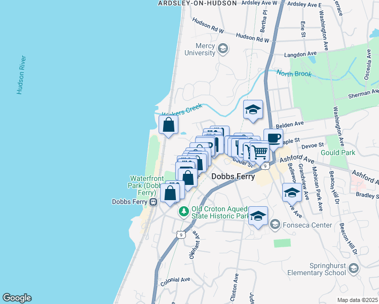 map of restaurants, bars, coffee shops, grocery stores, and more near 16 Riverside Place in Dobbs Ferry