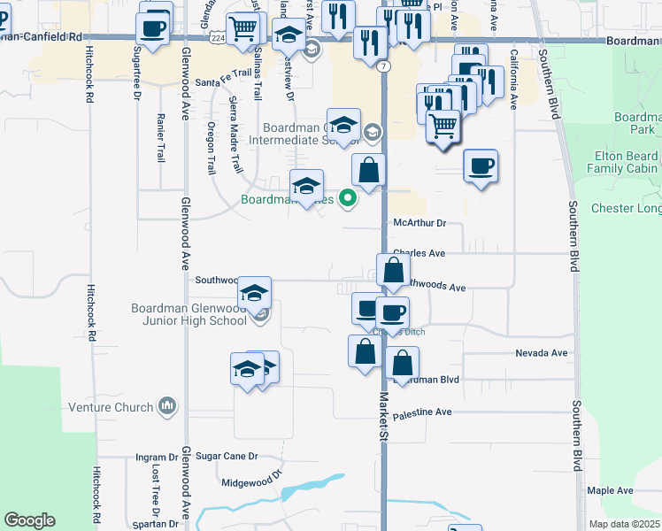 map of restaurants, bars, coffee shops, grocery stores, and more near 52 Southwoods Avenue in Youngstown