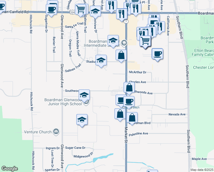 map of restaurants, bars, coffee shops, grocery stores, and more near 52 Southwoods Avenue in Youngstown