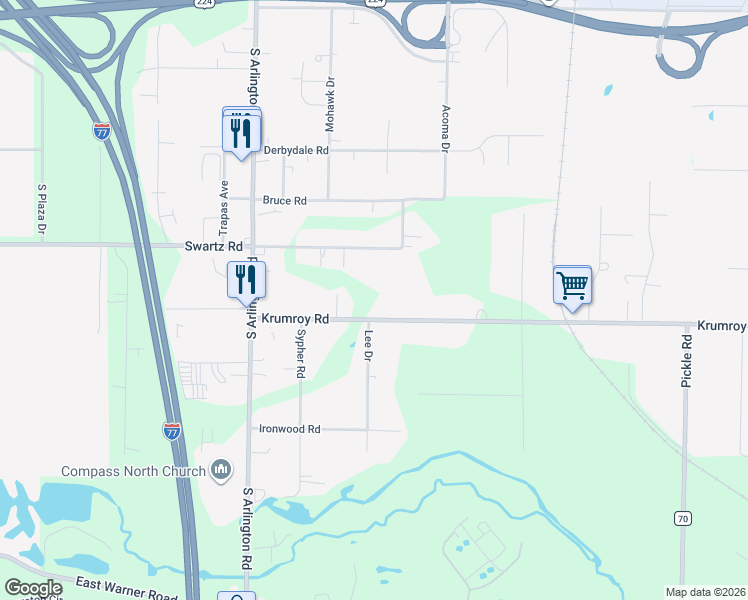 map of restaurants, bars, coffee shops, grocery stores, and more near 1085 Krumroy Road in Akron