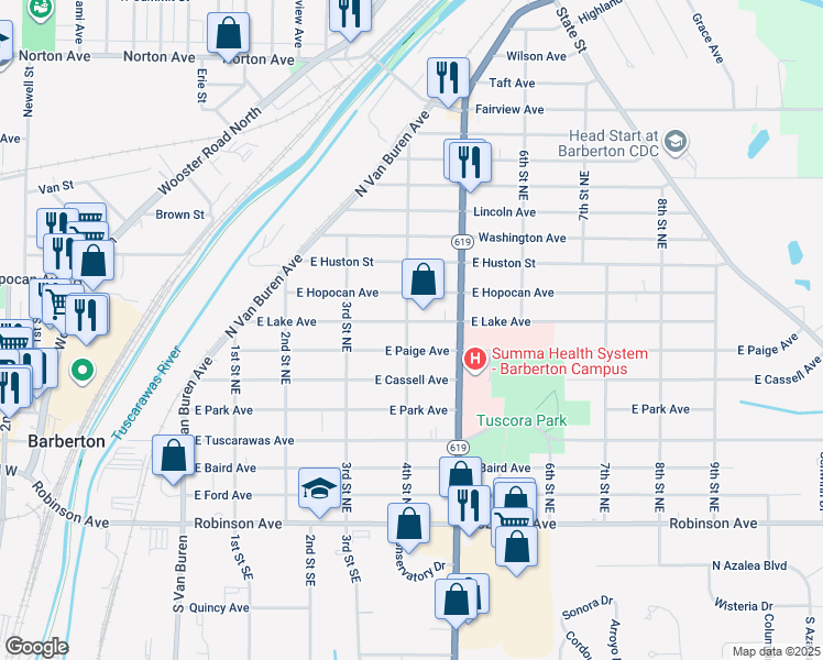 map of restaurants, bars, coffee shops, grocery stores, and more near 410 East Lake Avenue in Barberton