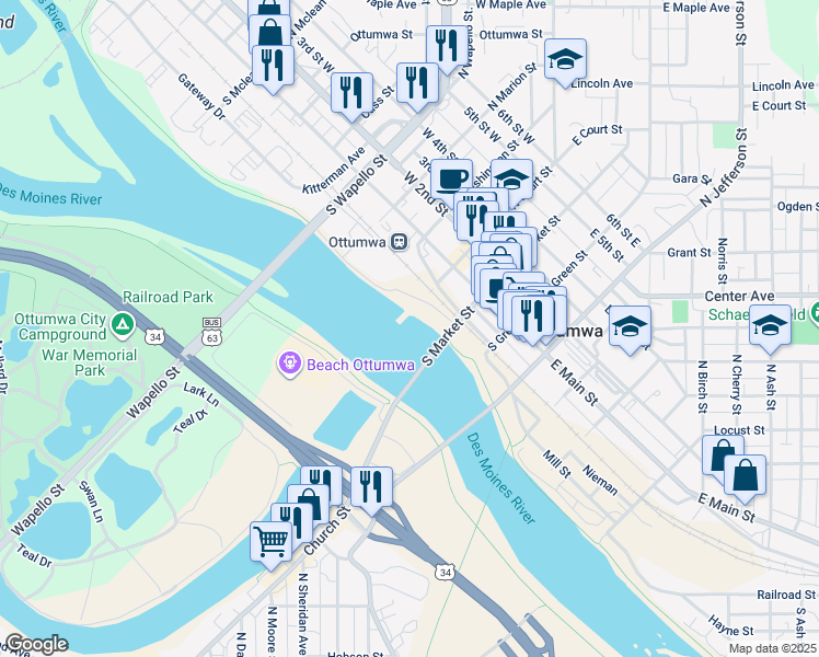 map of restaurants, bars, coffee shops, grocery stores, and more near 199 South Jefferson Street in Ottumwa